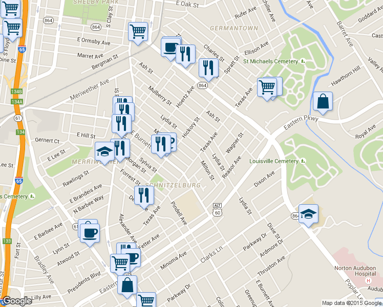 map of restaurants, bars, coffee shops, grocery stores, and more near 1129 Milton St in Louisville
