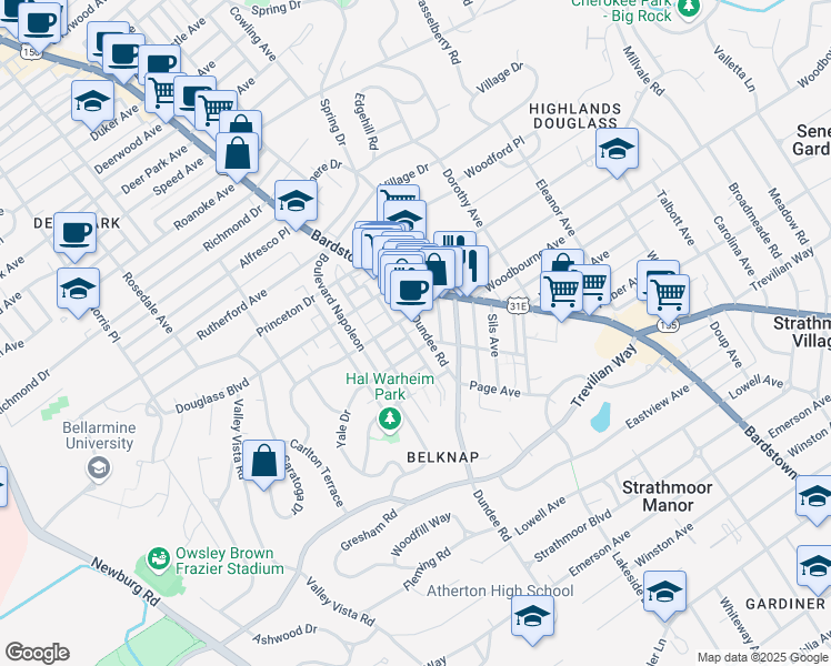 map of restaurants, bars, coffee shops, grocery stores, and more near 2234 Dundee Road in Louisville