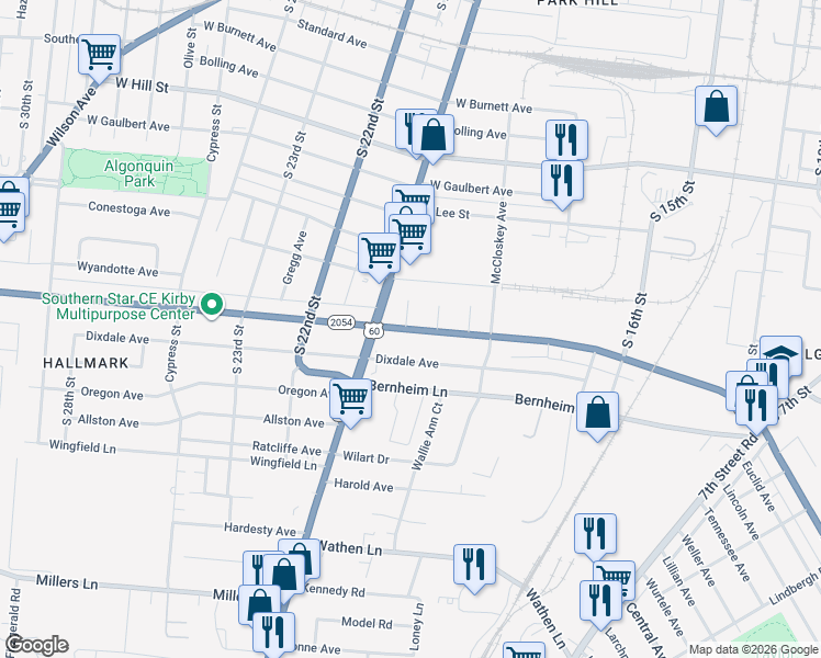 map of restaurants, bars, coffee shops, grocery stores, and more near 1903 Magellan Court in Louisville