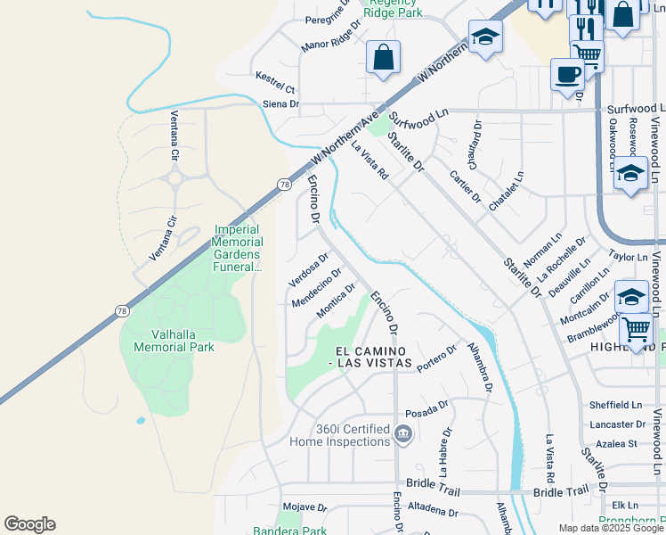 map of restaurants, bars, coffee shops, grocery stores, and more near 3 Mendecino Drive in Pueblo