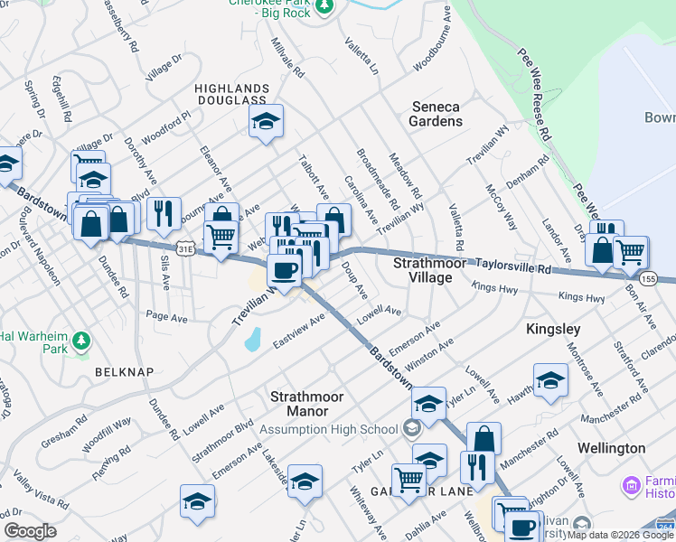 map of restaurants, bars, coffee shops, grocery stores, and more near 2238 Kaelin Avenue in Louisville