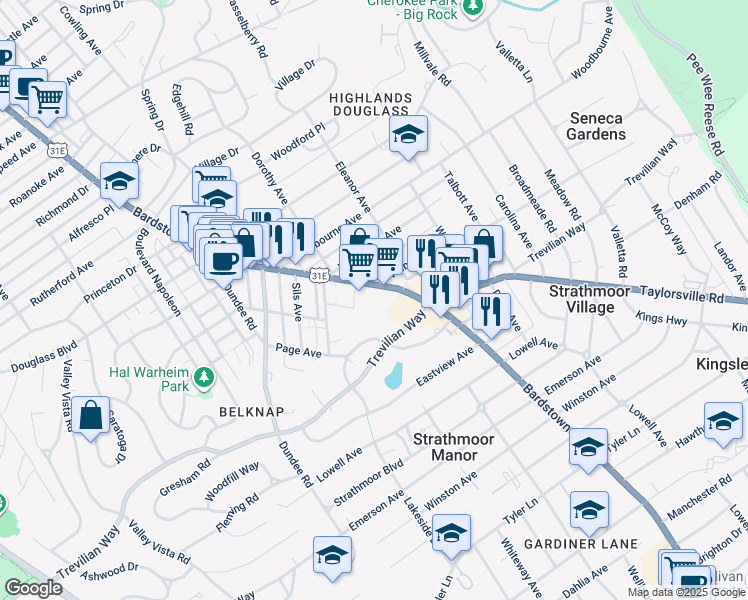 map of restaurants, bars, coffee shops, grocery stores, and more near 2440 Bardstown Road in Louisville