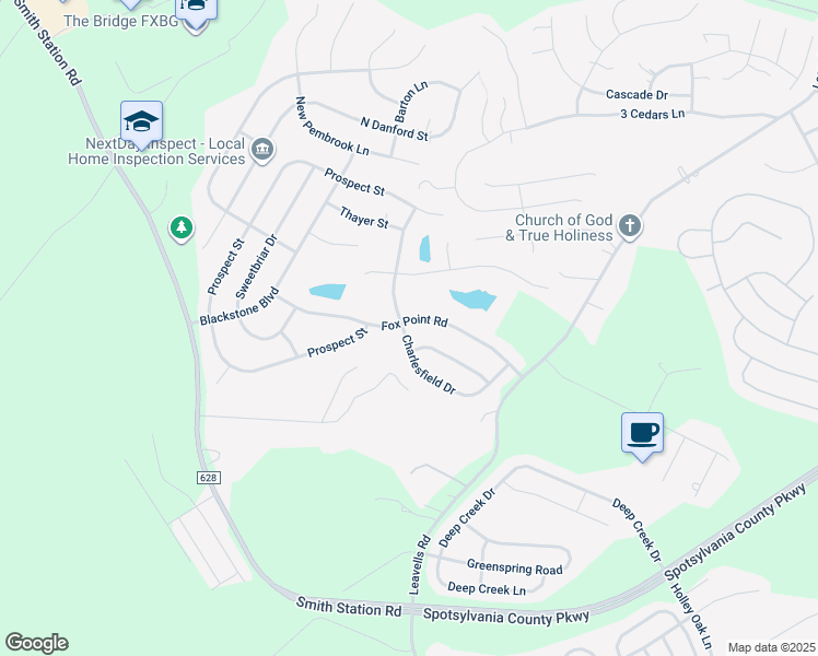map of restaurants, bars, coffee shops, grocery stores, and more near 9606 Charlesfield Drive in Fredericksburg