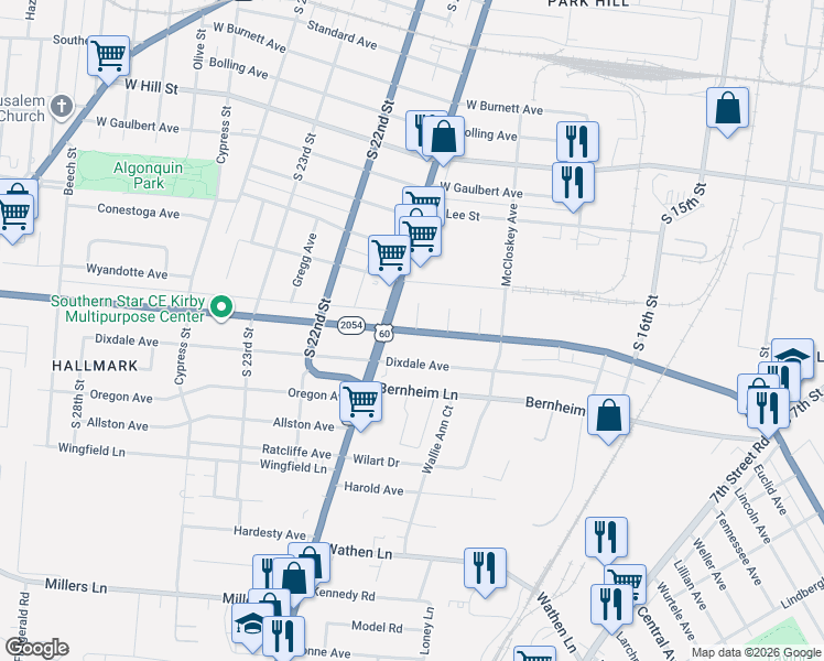map of restaurants, bars, coffee shops, grocery stores, and more near 1775 Algonquin Parkway in Louisville