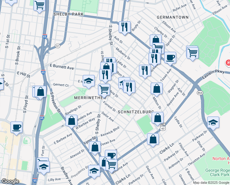 map of restaurants, bars, coffee shops, grocery stores, and more near 833 Sylvia Street in Louisville