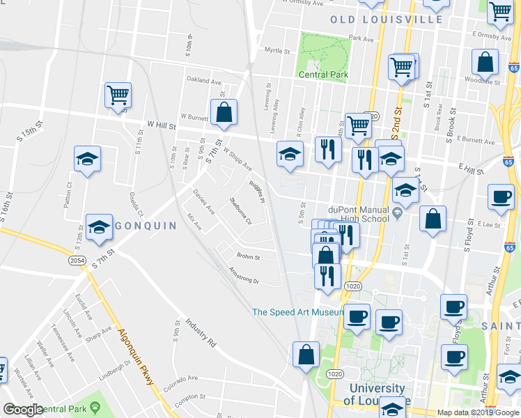map of restaurants, bars, coffee shops, grocery stores, and more near 600 Ruggles Place in Louisville