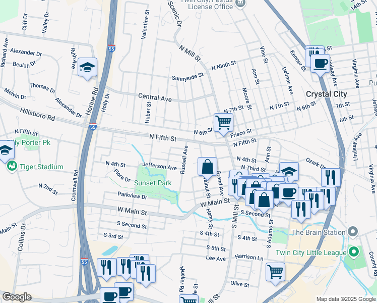 map of restaurants, bars, coffee shops, grocery stores, and more near 408 Russell Avenue in Festus