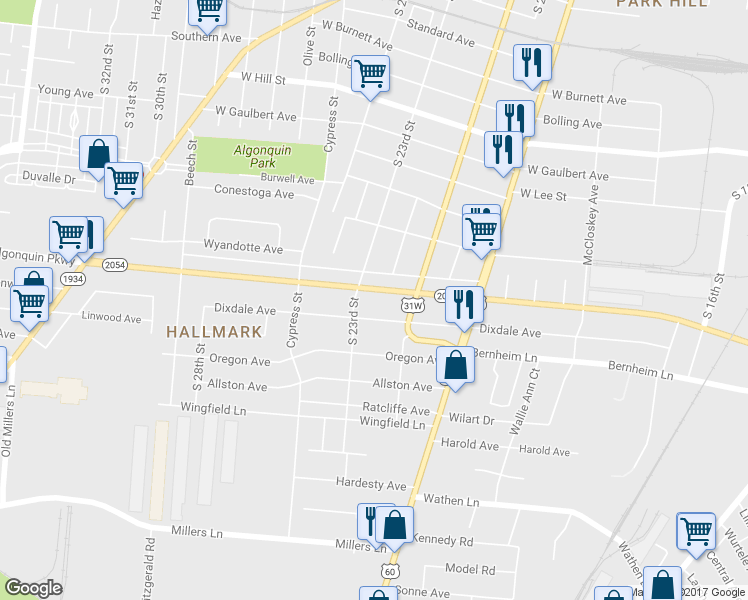 map of restaurants, bars, coffee shops, grocery stores, and more near 2126 Algonquin Parkway in Louisville