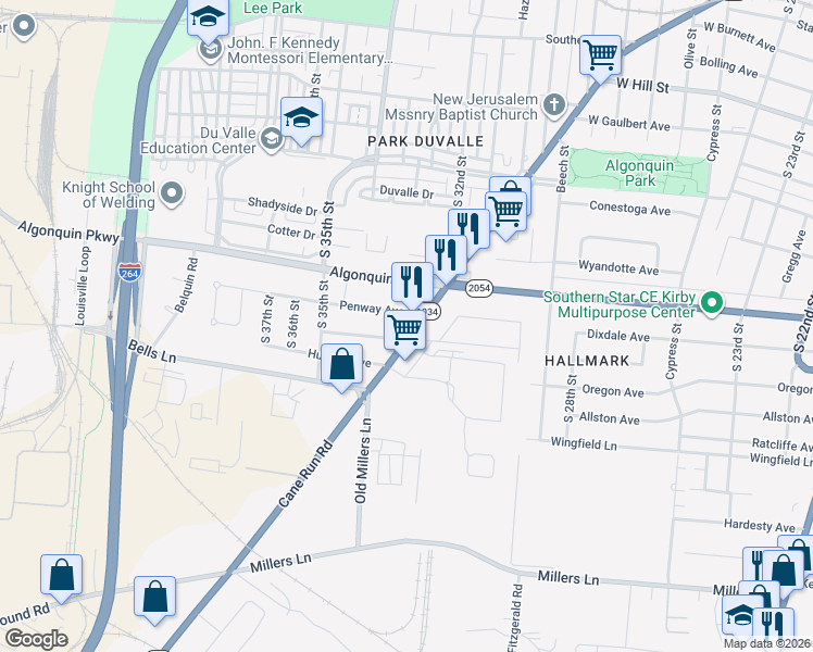 map of restaurants, bars, coffee shops, grocery stores, and more near 3400 Cane Run Road in Louisville