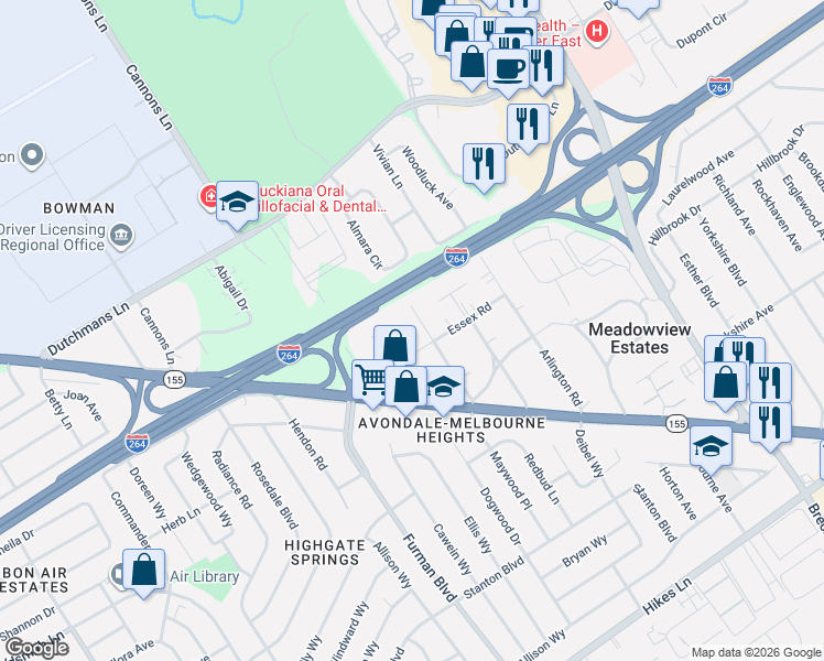 map of restaurants, bars, coffee shops, grocery stores, and more near 2810 Arden Road in Louisville