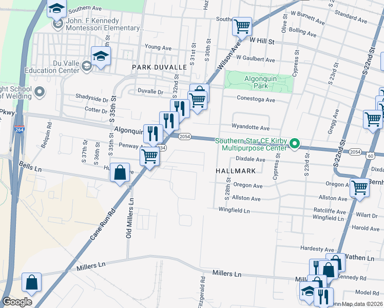 map of restaurants, bars, coffee shops, grocery stores, and more near 3012 Penway Avenue in Louisville