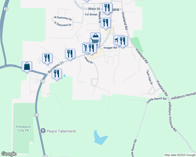 map of restaurants, bars, coffee shops, grocery stores, and more near 107 Pearl Drive in Hillsboro