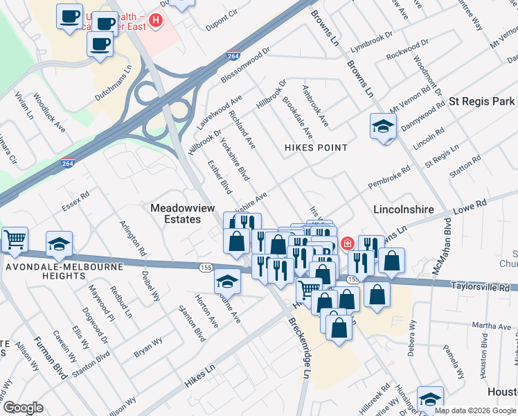 map of restaurants, bars, coffee shops, grocery stores, and more near 2904 Yorkshire Boulevard in Louisville