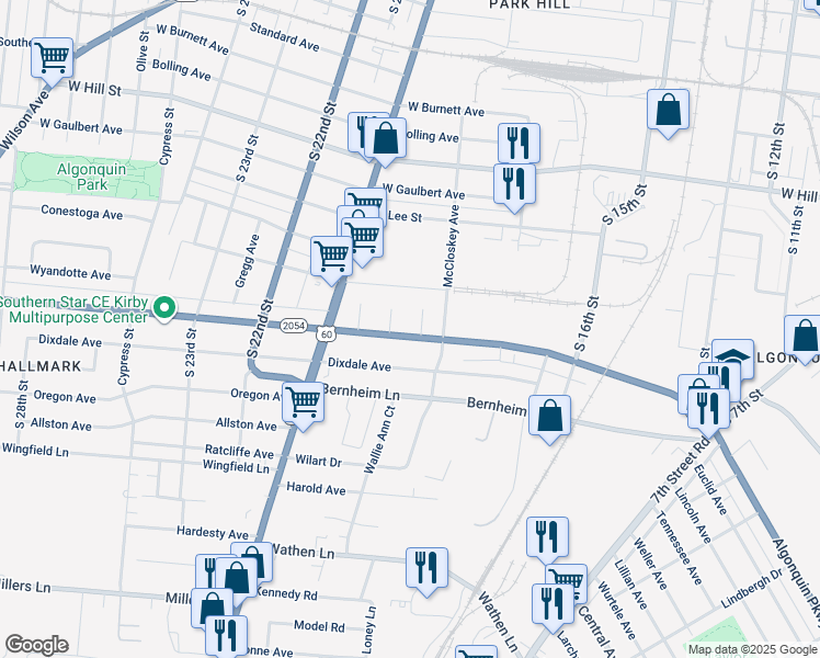 map of restaurants, bars, coffee shops, grocery stores, and more near 1743 Algonquin Parkway in Louisville