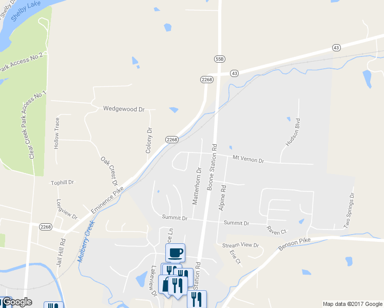 map of restaurants, bars, coffee shops, grocery stores, and more near 2060 Hearthside Circle in Shelbyville