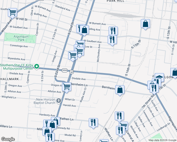 map of restaurants, bars, coffee shops, grocery stores, and more near 1751 Algonquin Parkway in Louisville