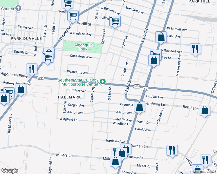 map of restaurants, bars, coffee shops, grocery stores, and more near 2300 Algonquin Parkway in Louisville