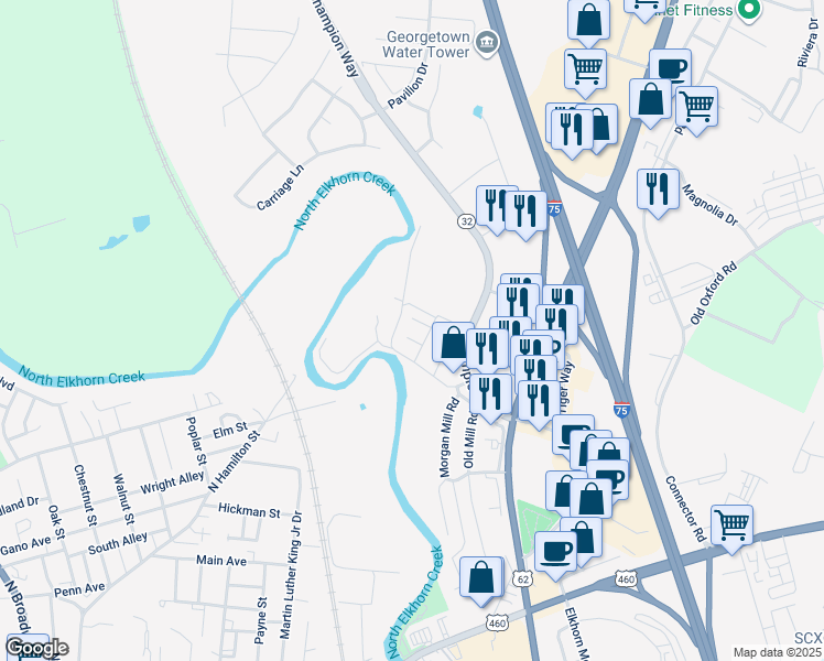 map of restaurants, bars, coffee shops, grocery stores, and more near 1075 Degaris Mill Road in Georgetown