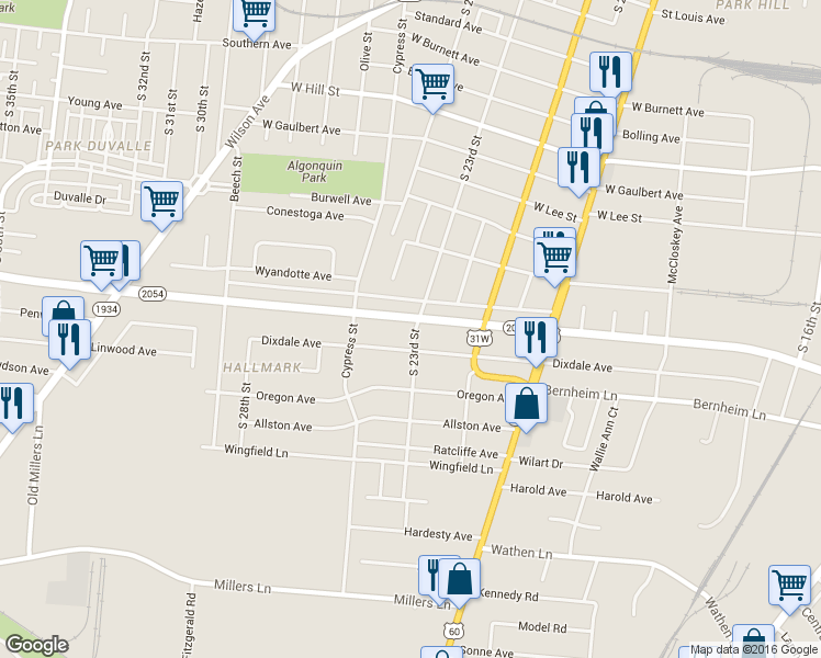 map of restaurants, bars, coffee shops, grocery stores, and more near 2300 Algonquin Parkway in Louisville