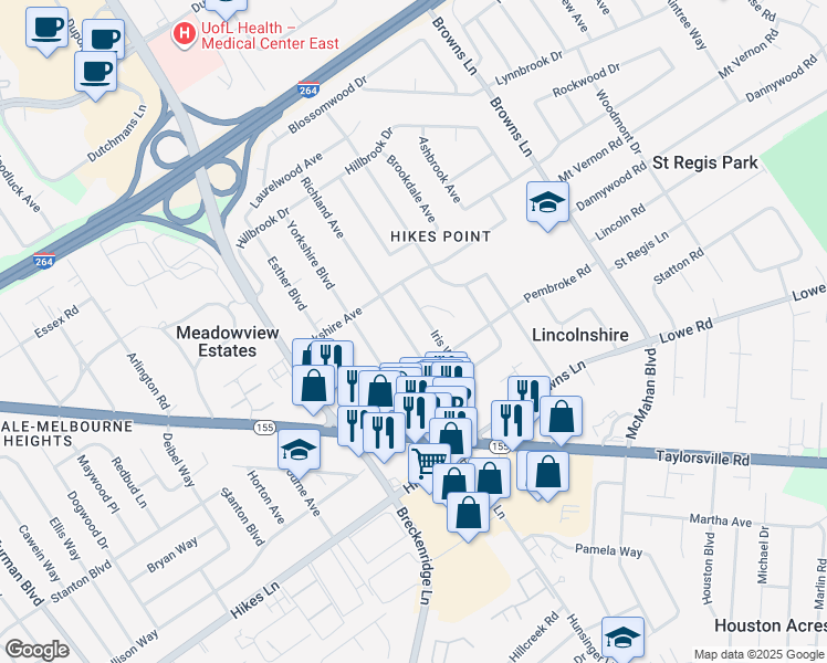 map of restaurants, bars, coffee shops, grocery stores, and more near 2913 Richland Avenue in Louisville