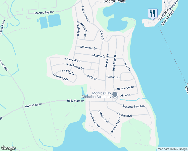 map of restaurants, bars, coffee shops, grocery stores, and more near 288 Cedar Lane in Colonial Beach