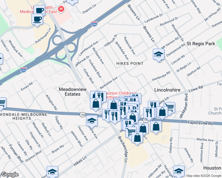 map of restaurants, bars, coffee shops, grocery stores, and more near 2913 Yorkshire Boulevard in Louisville