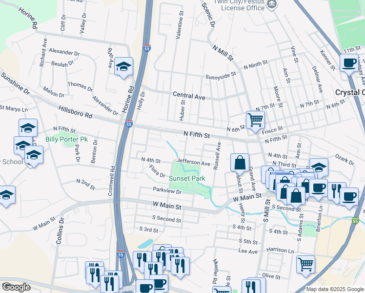 map of restaurants, bars, coffee shops, grocery stores, and more near 407 Fairview Avenue in Festus