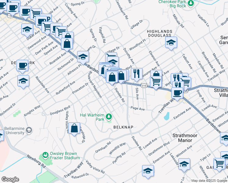 map of restaurants, bars, coffee shops, grocery stores, and more near 2234 Dundee Road in Louisville