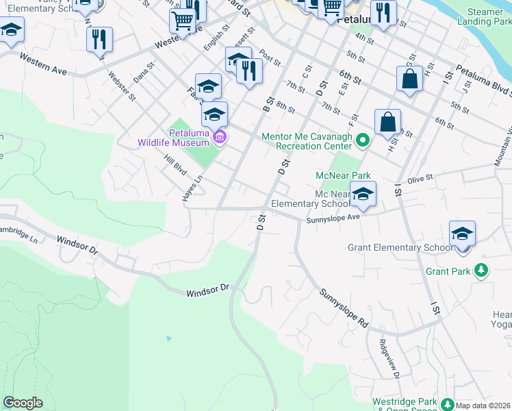 map of restaurants, bars, coffee shops, grocery stores, and more near 1200 D Street in Petaluma