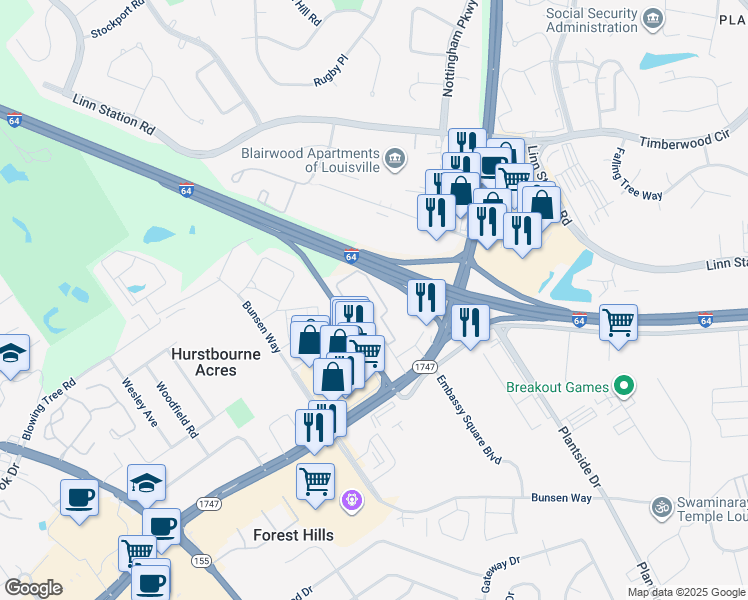 map of restaurants, bars, coffee shops, grocery stores, and more near 9407 Doral Court in Louisville