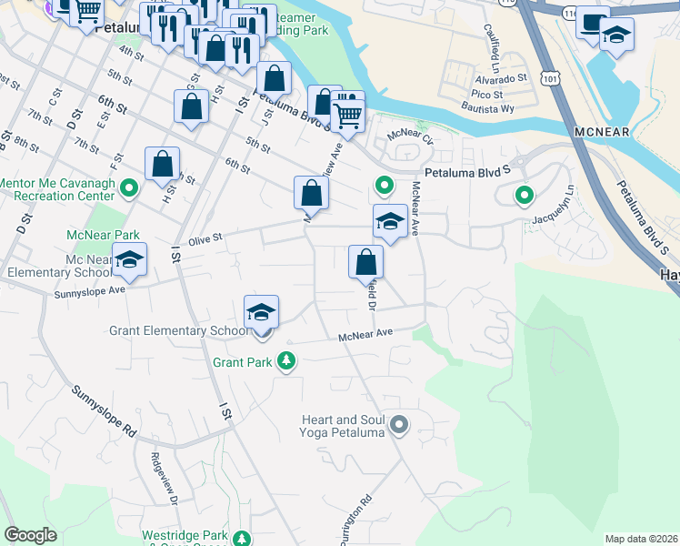 map of restaurants, bars, coffee shops, grocery stores, and more near 110 Glendon Way in Petaluma