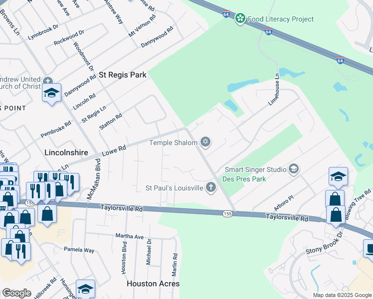 map of restaurants, bars, coffee shops, grocery stores, and more near 4604 Lowe Road in Louisville