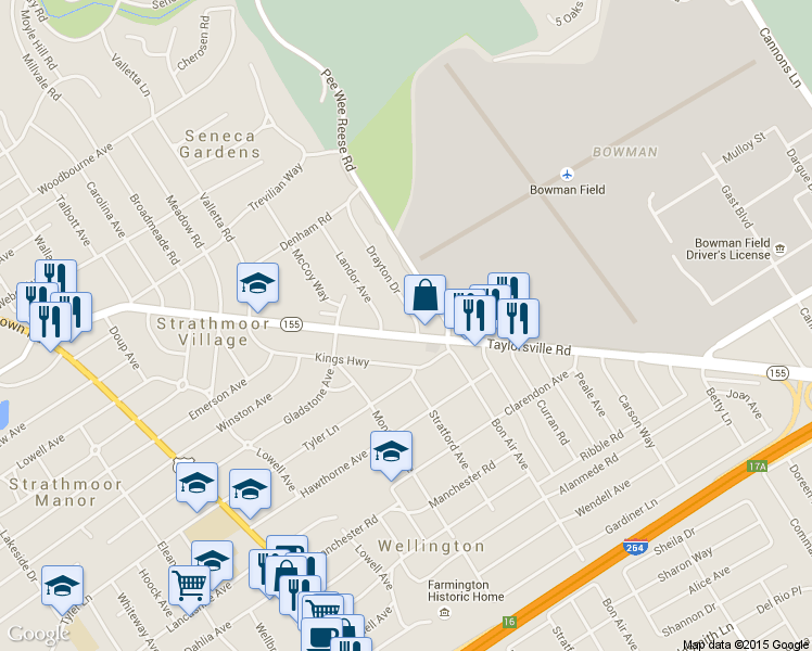 map of restaurants, bars, coffee shops, grocery stores, and more near 2704 Taylorsville Road in Kingsley