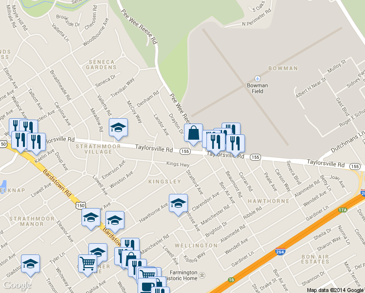 map of restaurants, bars, coffee shops, grocery stores, and more near in Louisville
