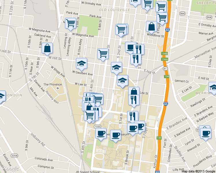 map of restaurants, bars, coffee shops, grocery stores, and more near 208 West Lee Street in Louisville