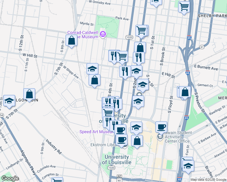 map of restaurants, bars, coffee shops, grocery stores, and more near 1712 South 4th Street in Louisville