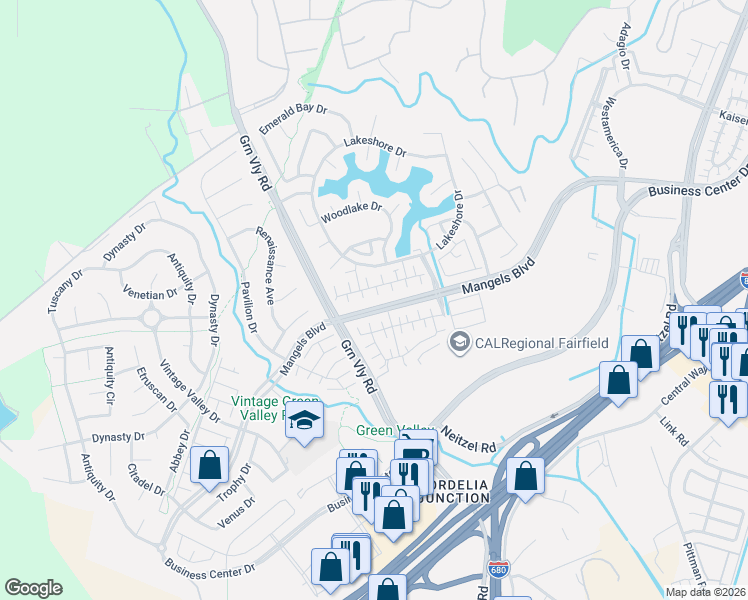 map of restaurants, bars, coffee shops, grocery stores, and more near 513 Diamond Creek Court in Fairfield