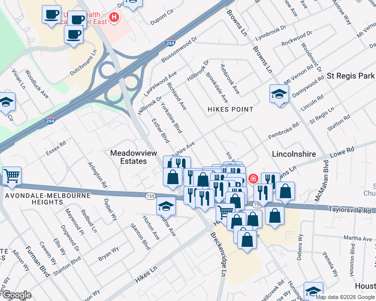 map of restaurants, bars, coffee shops, grocery stores, and more near 2904 Yorkshire Boulevard in Louisville