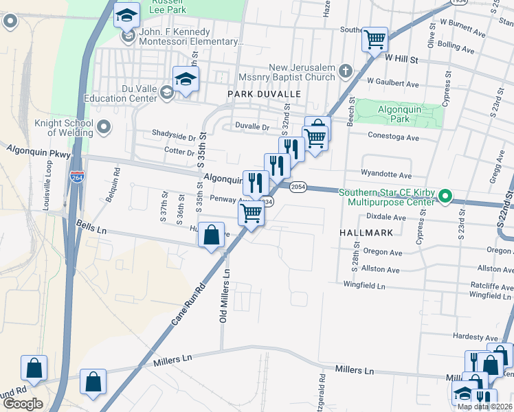 map of restaurants, bars, coffee shops, grocery stores, and more near 3400 Cane Run Road in Louisville