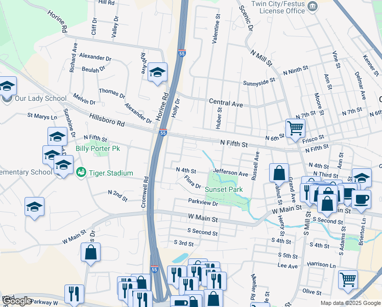 map of restaurants, bars, coffee shops, grocery stores, and more near 927 Terrace Drive in Festus