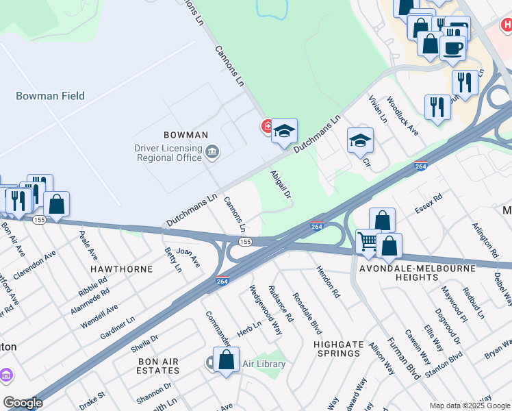 map of restaurants, bars, coffee shops, grocery stores, and more near 3515 Ephraim McDowell Drive in Louisville