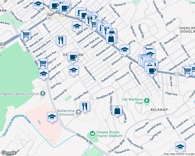 map of restaurants, bars, coffee shops, grocery stores, and more near 1843 Rutherford Avenue in Louisville