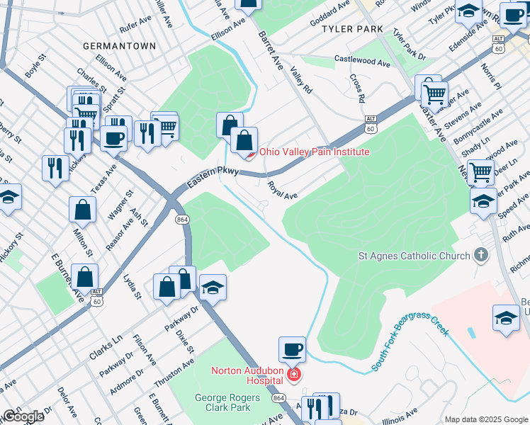 map of restaurants, bars, coffee shops, grocery stores, and more near 1172 Castlevale Drive in Louisville