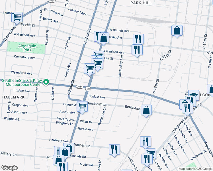 map of restaurants, bars, coffee shops, grocery stores, and more near 1751 Algonquin Parkway in Louisville