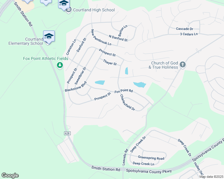 map of restaurants, bars, coffee shops, grocery stores, and more near 6105 Fox Point Road in Fredericksburg