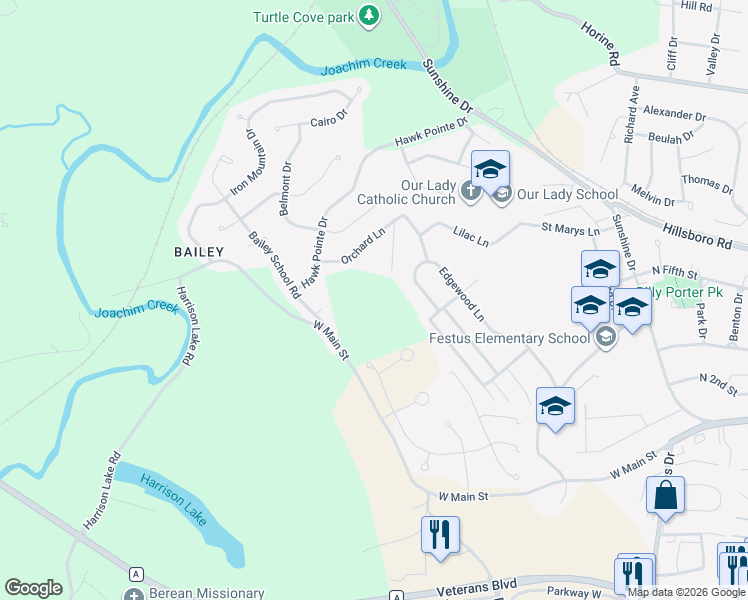 map of restaurants, bars, coffee shops, grocery stores, and more near 1963 West Main Street in Festus