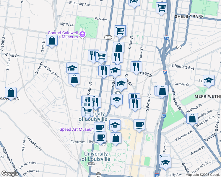 map of restaurants, bars, coffee shops, grocery stores, and more near 202 West Lee Street in Louisville