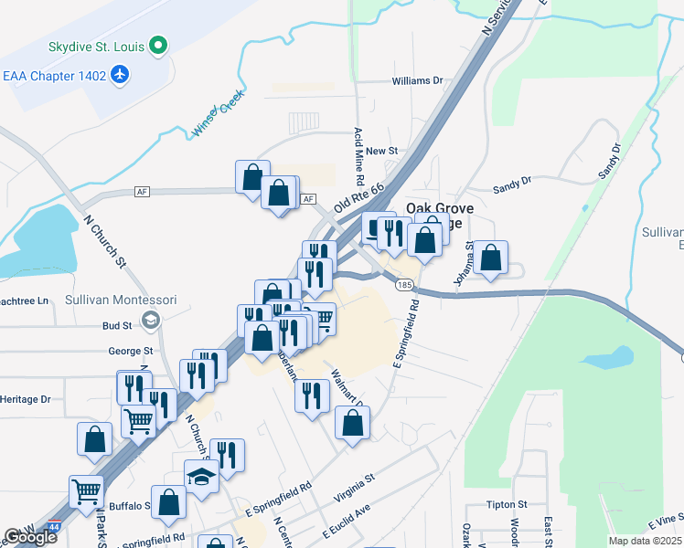 map of restaurants, bars, coffee shops, grocery stores, and more near 420 South Service Road East in Sullivan