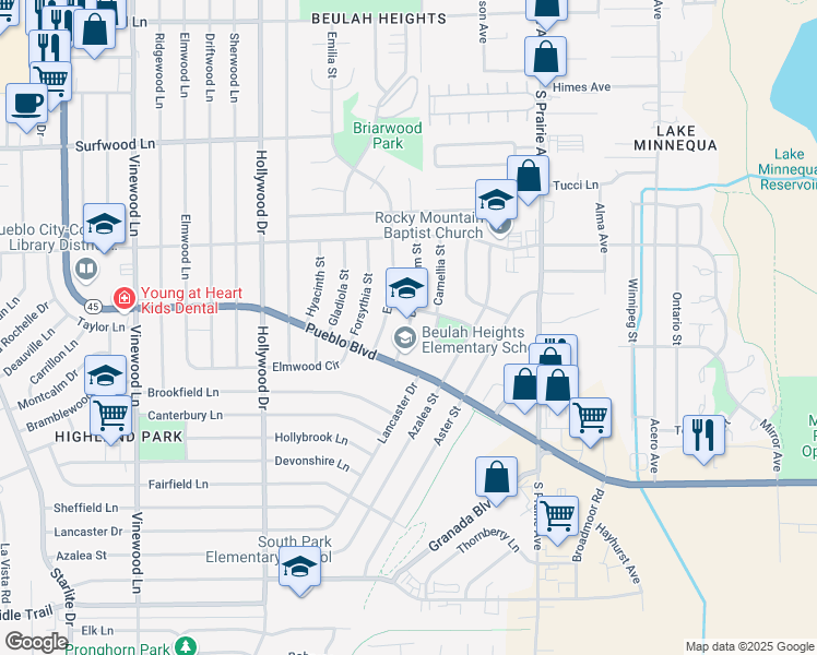 map of restaurants, bars, coffee shops, grocery stores, and more near 2670 Delphinium Street in Pueblo