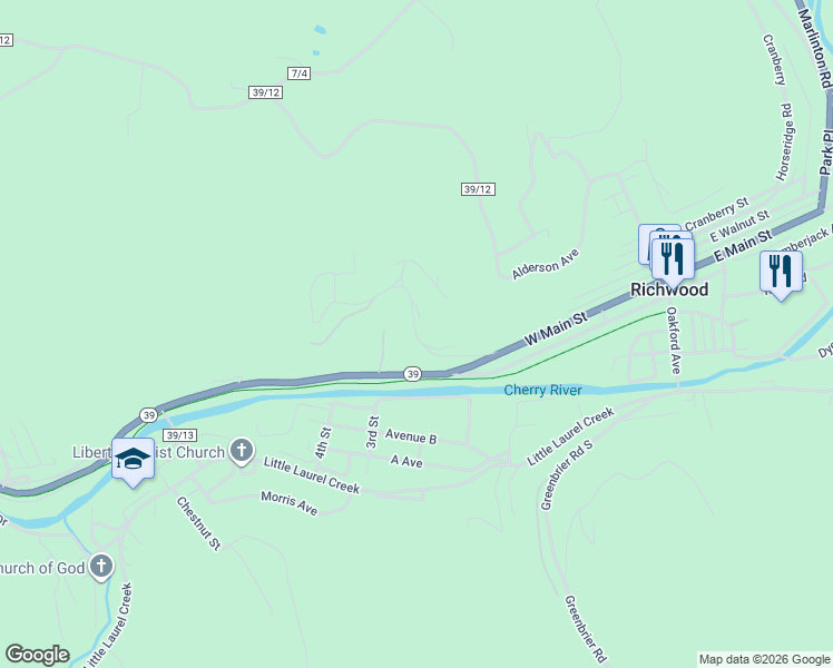 map of restaurants, bars, coffee shops, grocery stores, and more near Cemetery Road in Richwood